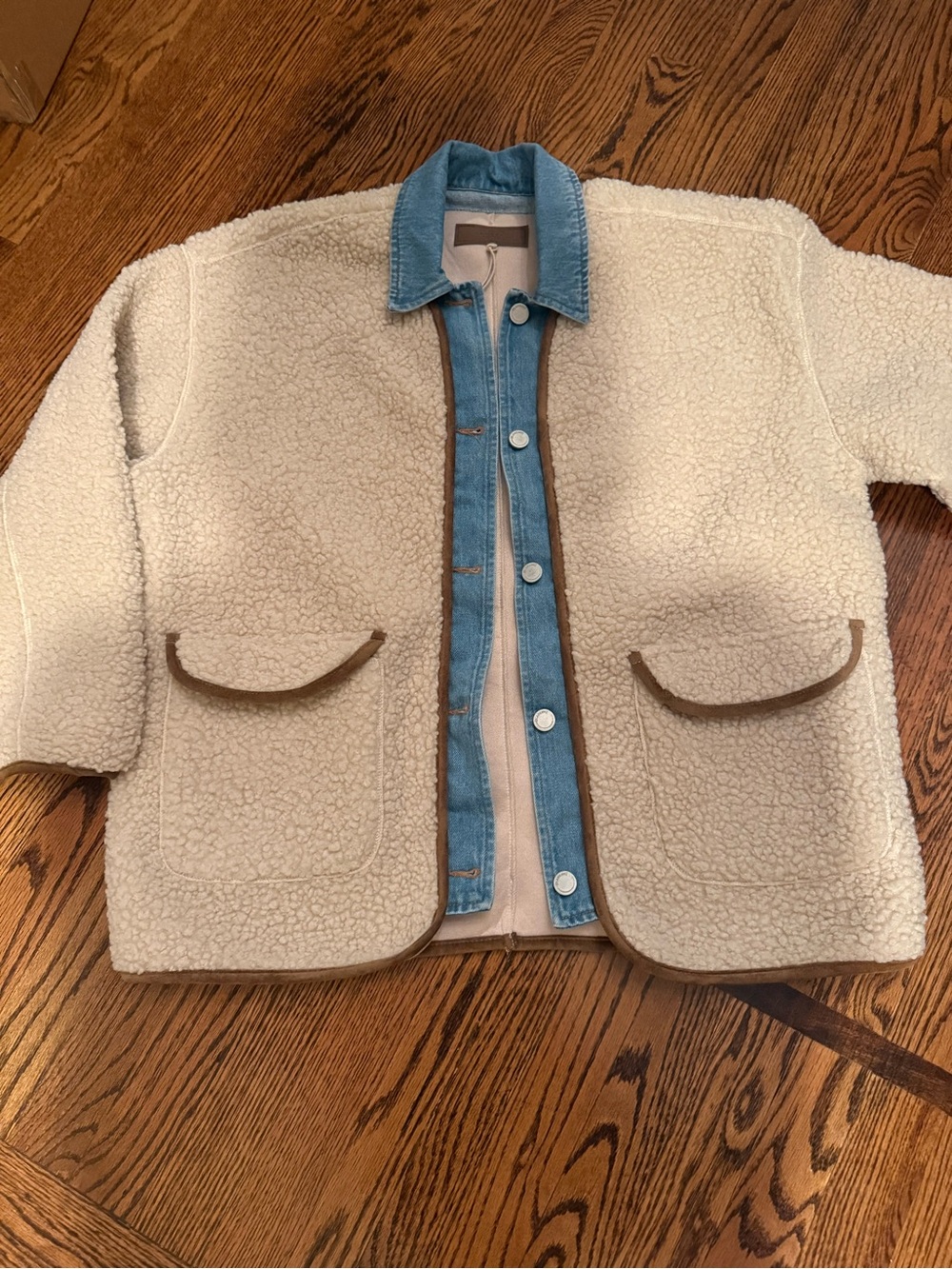 Womens BlankNYC Cream Sherpa Jacket with Denim Trim Sherpa shacket L NWT